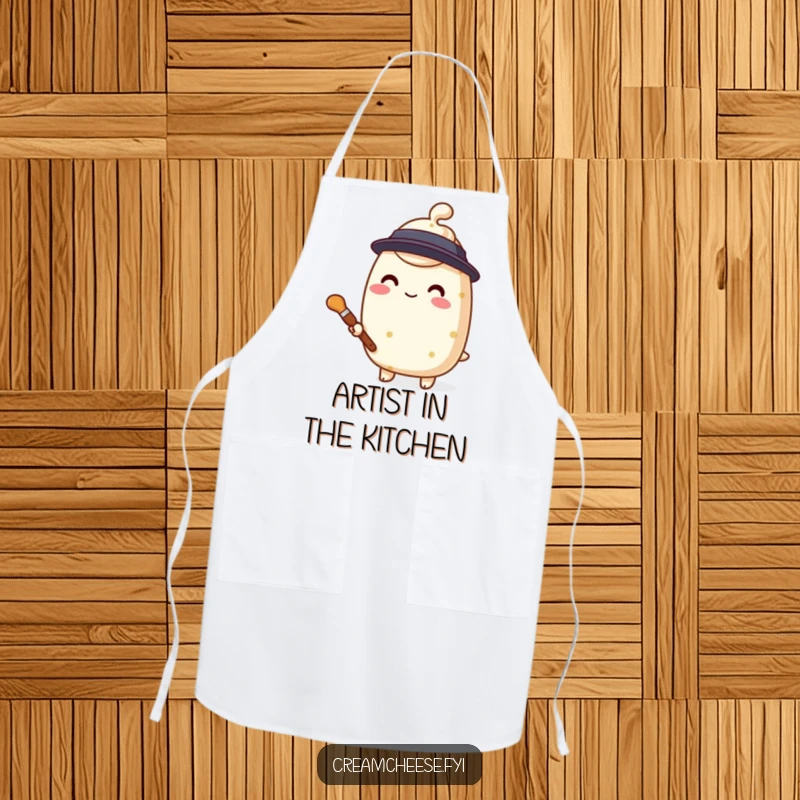 Funny cream cheese painter apron, a stylized character holding a tiny paintbrush, ready for artistic kitchen fun.
