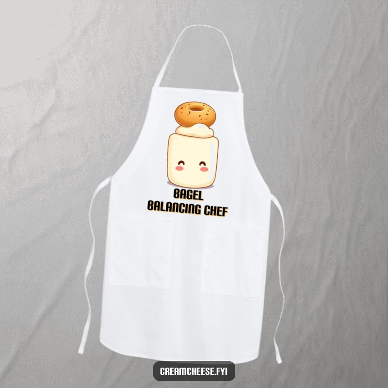Funny apron showing a cream cheese tub character balancing a tiny bagel on its head, perfect for humorous cooking.