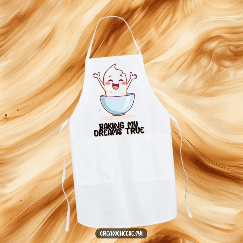Funny apron showing an enthusiastic cream cheese character leaping into a mixing bowl, a humorous and practical kitchen accessory.