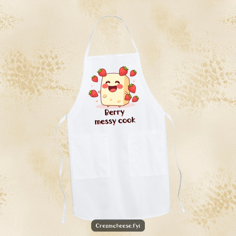 Funny cream cheese block juggling strawberries, printed on a kitchen apron. A comical and functional piece, ideal for a funny gift.
