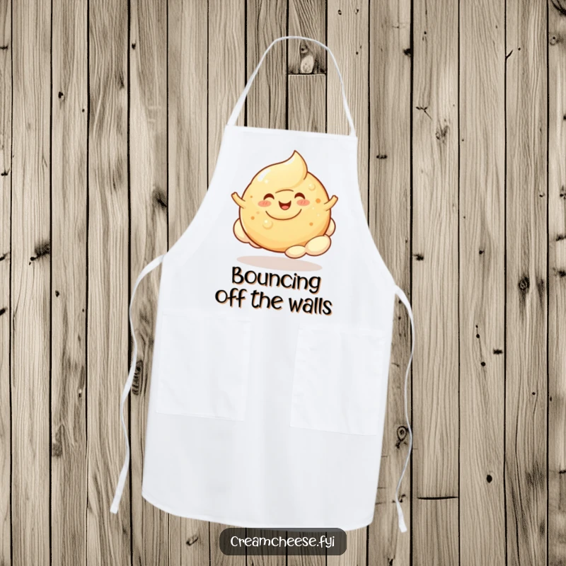 Funny Cream Cheese Blob Bagel Cloud Apron: A cheerful cream cheese blob happily bounces on a bagel cloud, a whimsical kitchen accessory.