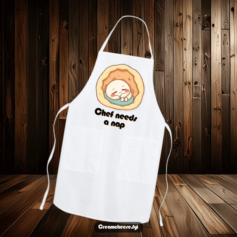Funny Apron: Content cream cheese character napping peacefully inside a small doughy hole, perfect for kitchen duties.