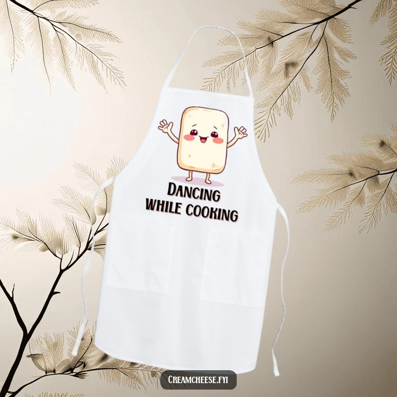 Funny apron illustrating a dancing cream cheese bag with tiny arms waving hello, bringing cartoon cheer to the kitchen.