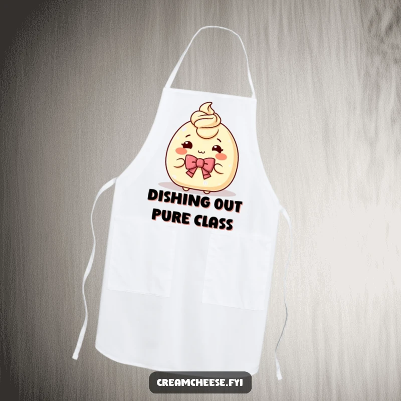 Funny Apron adorned with a charming cream cheese character bowing politely, offering a portion, ideal for humorous kitchen activities.