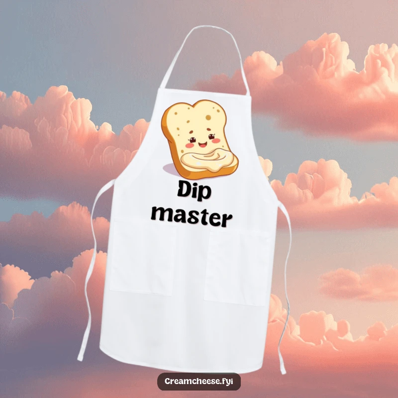 Funny baguette slice dipping into cream cheese, printed on a kitchen apron. A comical and functional piece, ideal for a funny gift.