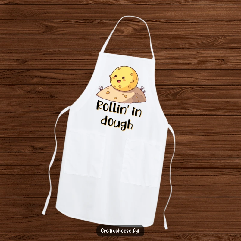 Funny apron featuring a happy cheese ball joyfully rolling down a hill, perfect for kitchen tasks and adding humor.