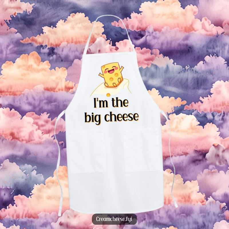 Funny cheese block apron, depicting a laughing cheese character comically sliding down a smooth, creamy slope.
