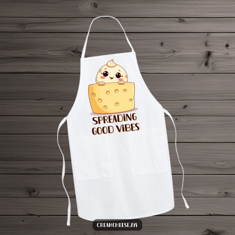 Funny cream cheese character apron, peeking curiously over a cheese board, ideal for kitchen protection and humorous cooking sessions.