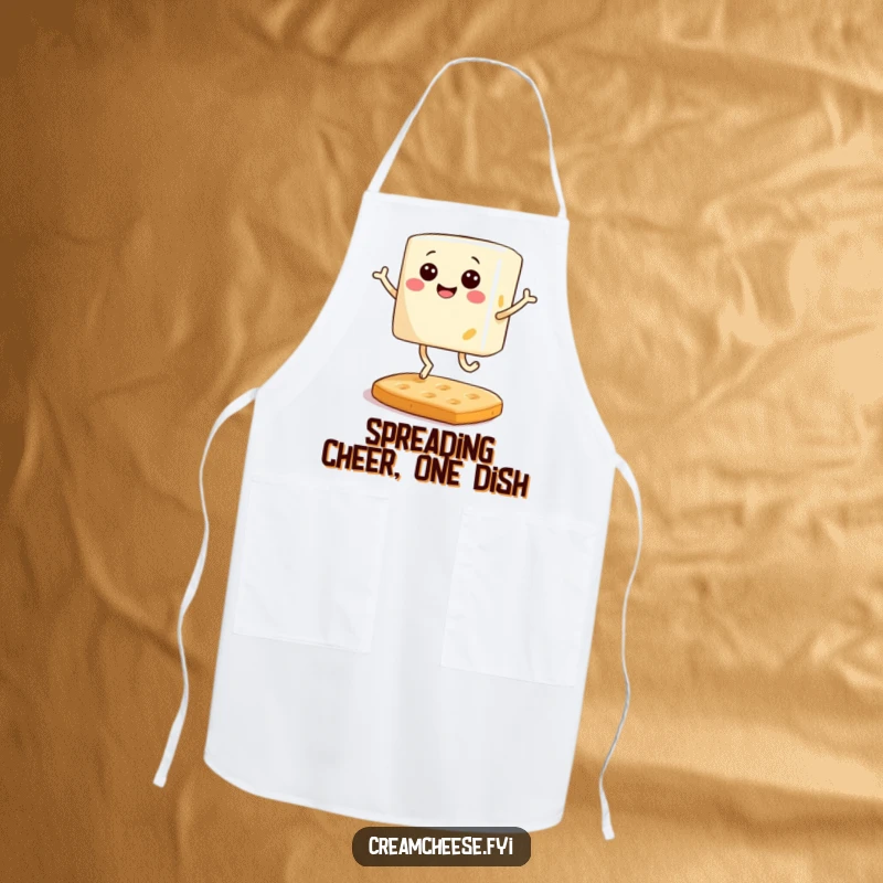 Funny apron featuring a smiling block of cream cheese with tiny legs joyfully bouncing on a cracker, perfect for protecting clothes while cooking.