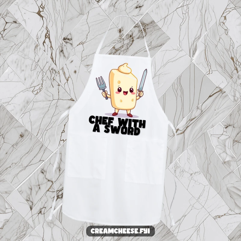 Funny cream cheese character apron, triumphantly holding a tiny fork sword, ideal for kitchen defense and humorous cooking.