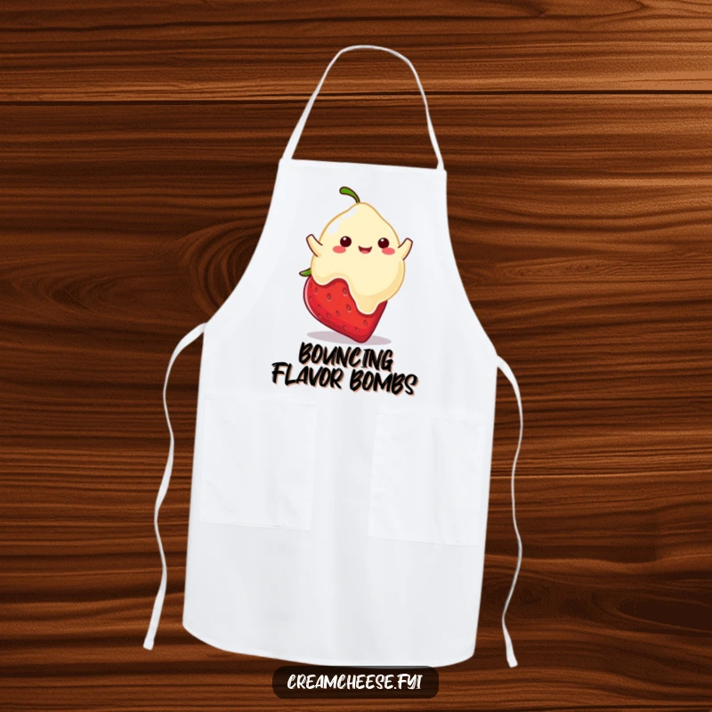Funny apron featuring a playful cream cheese blob happily bouncing on a strawberry, ready for kitchen fun.