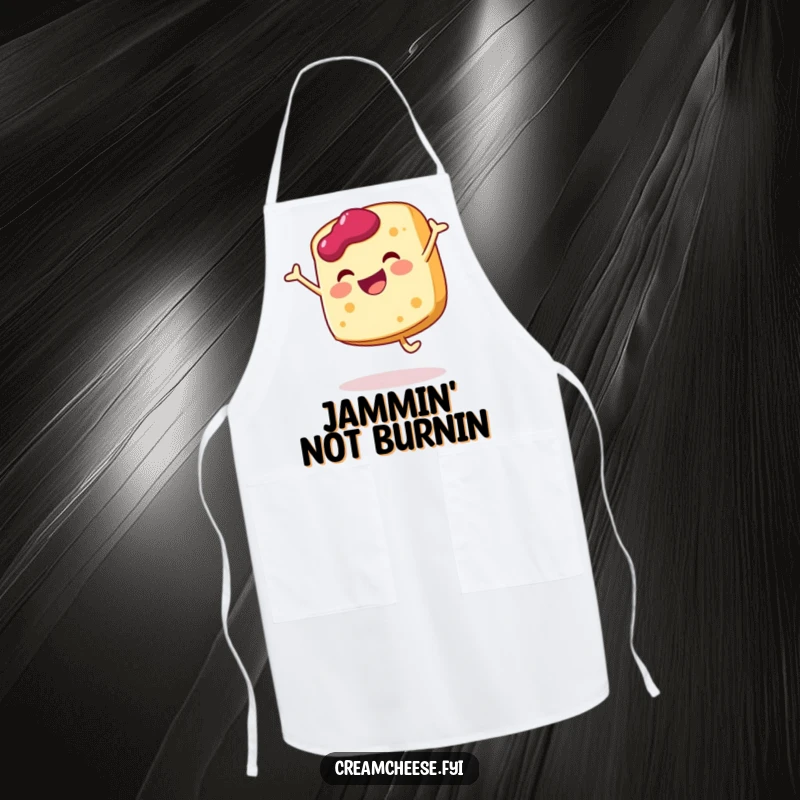 Funny cream cheese slice apron doing a joyful cartwheel with a dollop of jam, protecting clothes with energy.