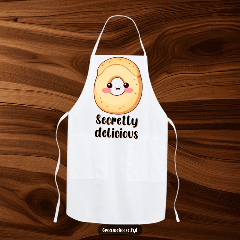 Funny Apron: A shy wedge of cream cheese with rosy cheeks peeks from behind a bagel, ready to help make breakfast with a smile.