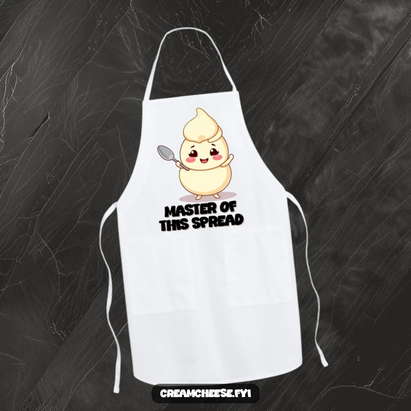 Funny cream cheese swirl apron, a cheerful character balancing a small spoon, ready for kitchen fun.