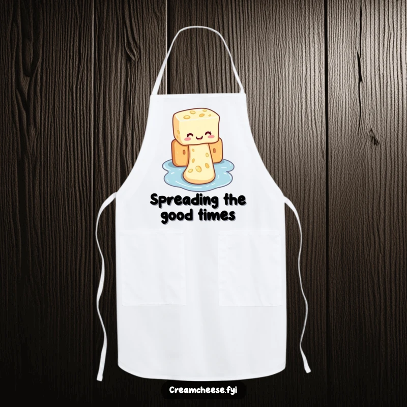 Funny apron showing cream cheese sliding down a cracker, a humorous and practical addition for kitchen fun.