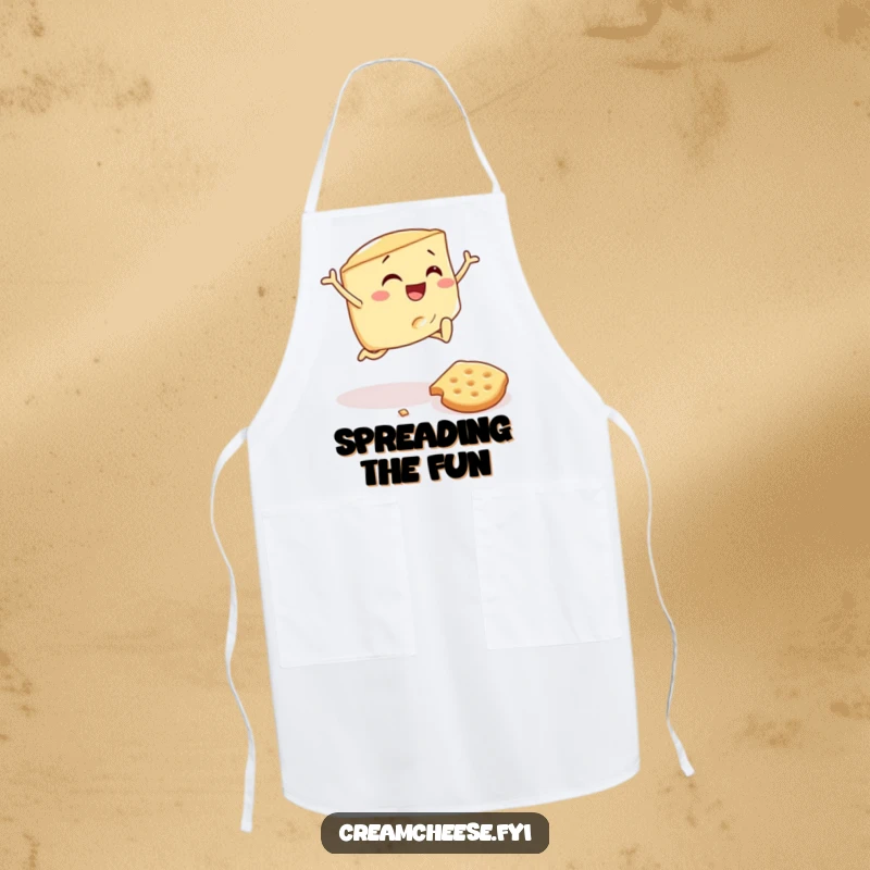 Funny apron with a cream cheese wedge triumphantly leaping over a cracker, ready to add humor to any cooking session.