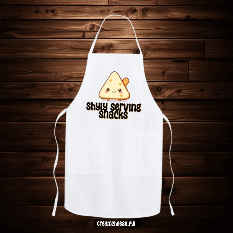 Funny shy cream cheese triangle apron peeking from behind a breadstick, a cute and humorous kitchen accessory.
