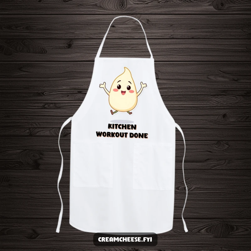 Funny cream cheese dollop apron, a happy character energetically performing jumping jacks, ready for kitchen fun.