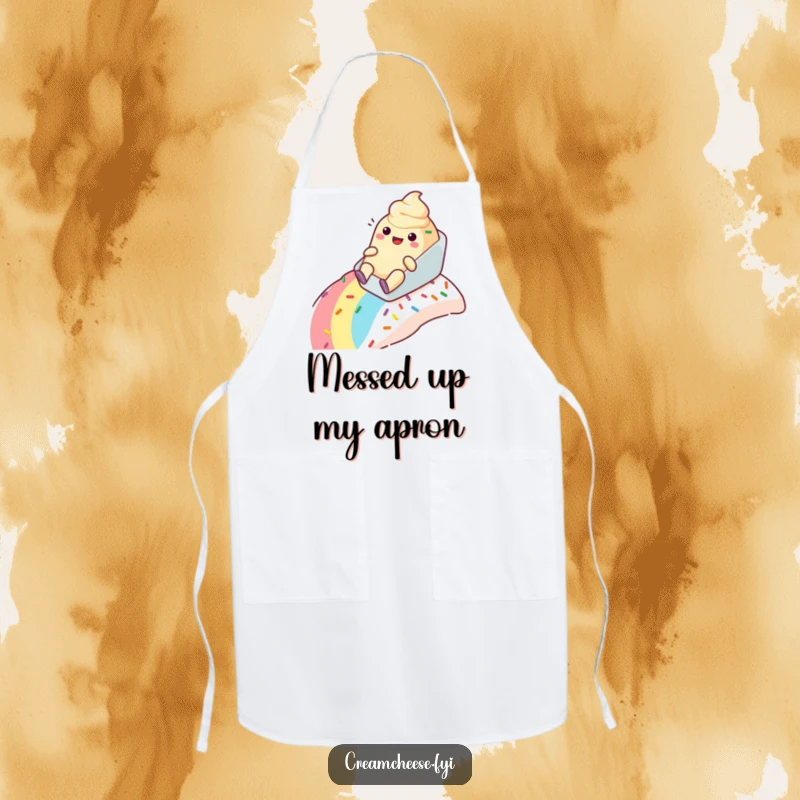 Funny cream cheese tub apron happily sliding down a rainbow sprinkle slope, protecting clothes with a cheerful attitude.