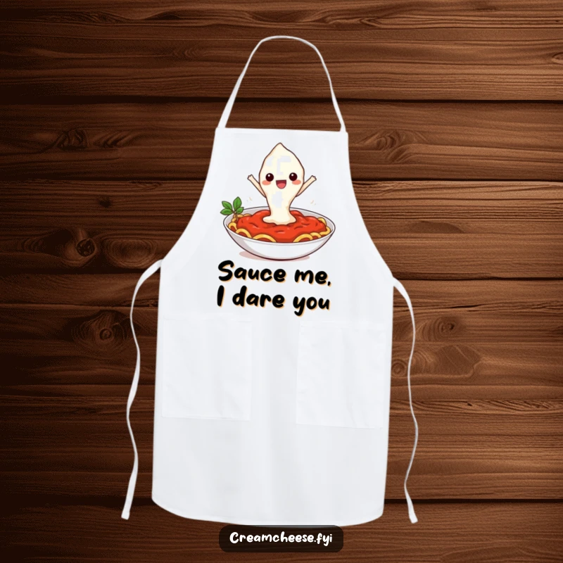 Funny apron illustrating a happy cream cheese blob leaping into a bowl of pasta sauce, a comical kitchen accessory for cooks.
