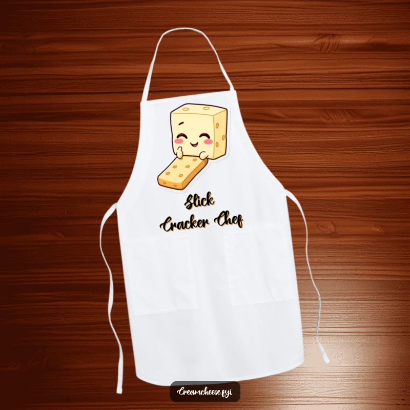 Funny apron showing a cream cheese square character winking while sliding down a cracker, perfect for humorous cooking.