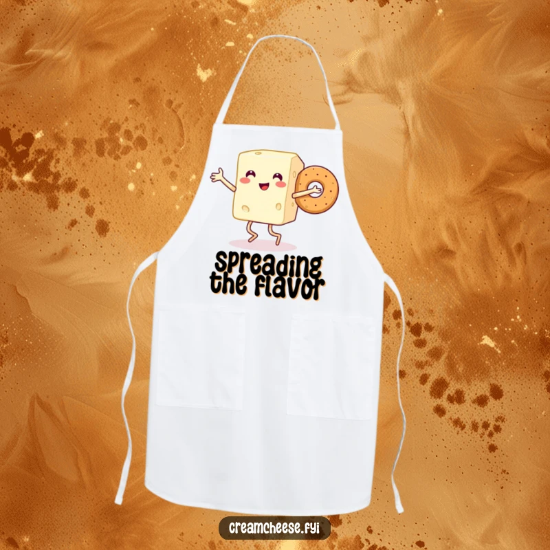 Funny apron depicting a smiling cream cheese block with legs dancing joyfully with a bagel, perfect for kitchen protection.