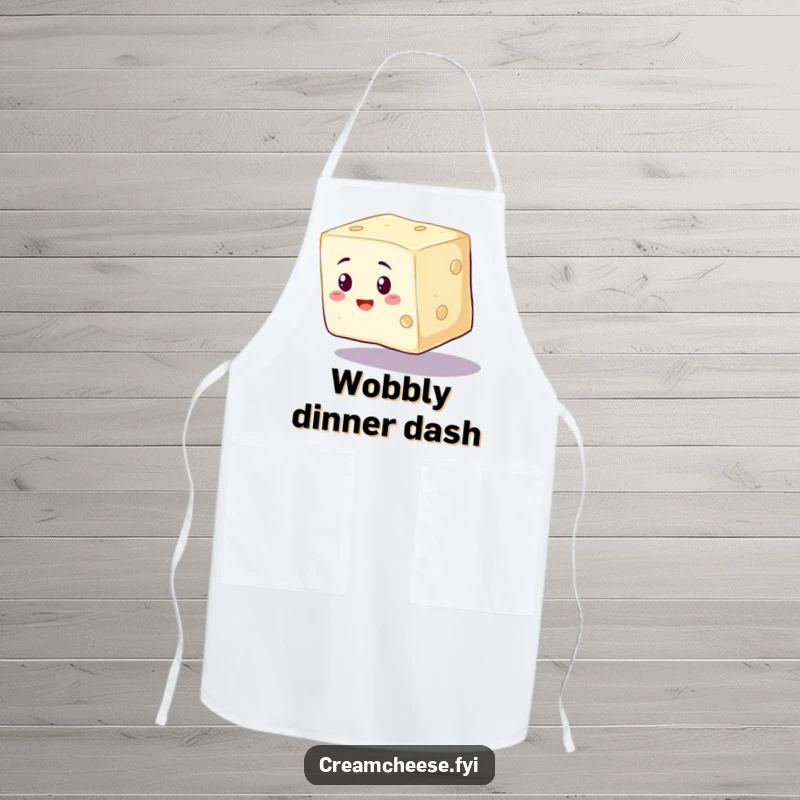 Funny Cream Cheese Apron worn by a wobbly cream cheese cube wobbling precariously, perfect for kitchen humor.