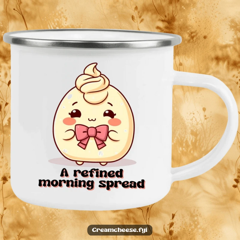 Funny Camping Mug showing a charming cream cheese character bowing gracefully, offering a portion, perfect for humorous outdoor drinking.