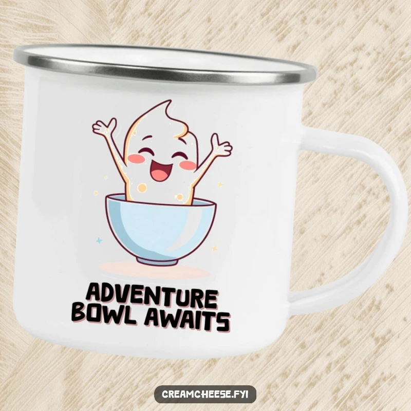Funny camping mug with an enthusiastic cream cheese character leaping into a mixing bowl, adding humor to outdoor journeys.
