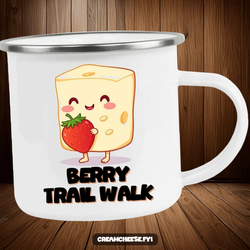 Funny Cream Cheese Camping Mug featuring a cheerful cream cheese slice tiptoeing with a strawberry; durable and perfect for sweet outdoor moments.