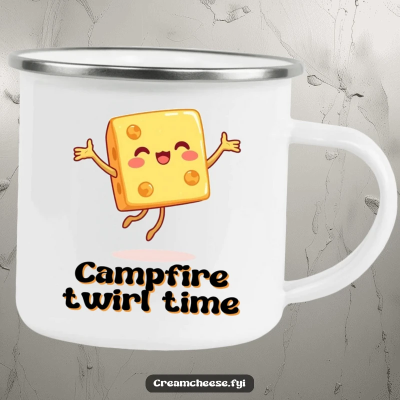 Funny camping mug featuring a happy cheese cube performing a joyful pirouette, designed for durability and humorous outdoor enjoyment.