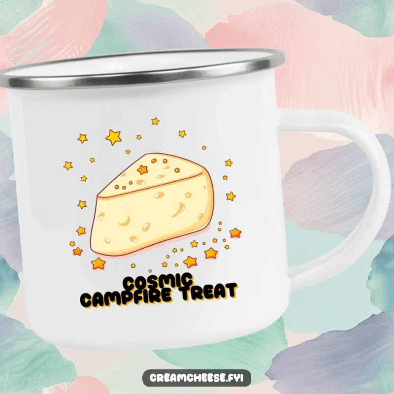 Funny Cream Cheese Stars Camping Mug: A cream cheese wedge joyfully scatters tiny edible golden stars, ready for outdoor enchantment.