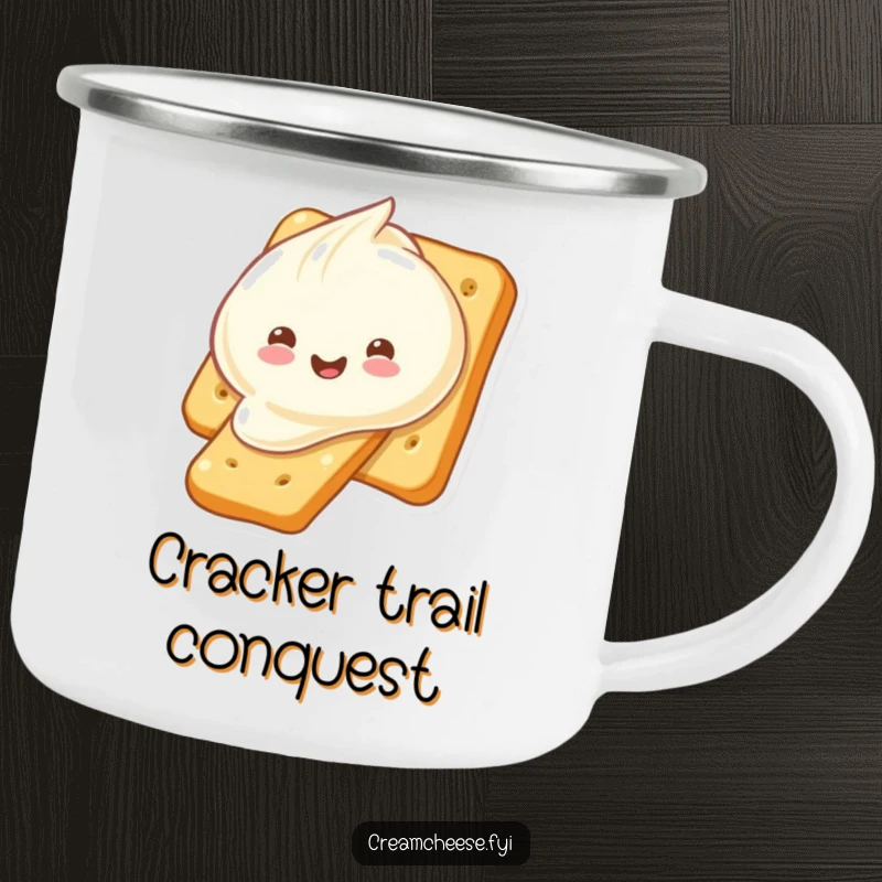 Funny cream cheese dollop sliding down a cracker, designed for a camping mug. A humorous and rugged accessory, perfect as a funny gift.