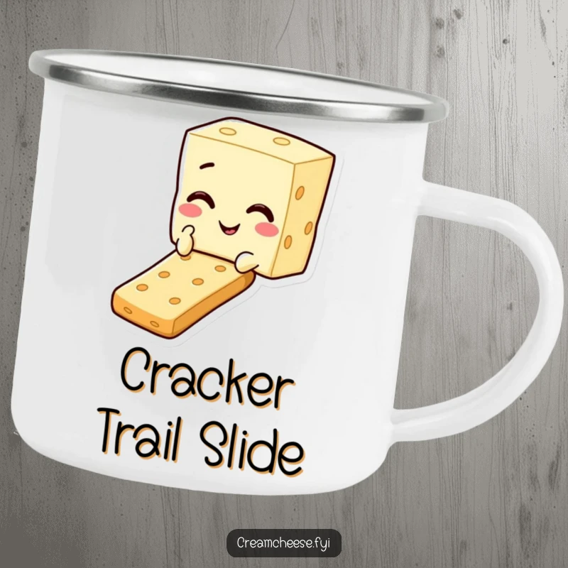 Funny camping mug showing a cream cheese square character winking while sliding down a cracker, ideal for outdoor fun.