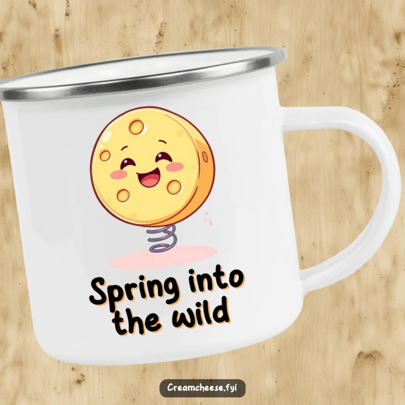 Funny cheese camping mug illustration of a smiling wheel of cheese joyfully bouncing on a spring, perfect for camping.