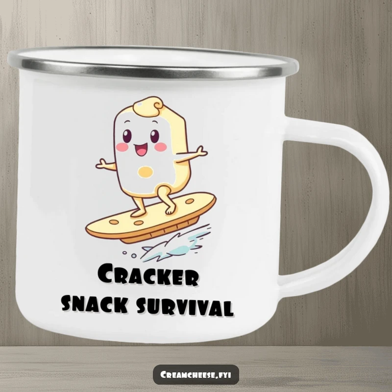 Funny Breakfast Campfire Mug: A happy cream cheese character surfs on a giant cracker, perfect for enjoying beverages during outdoor meals.