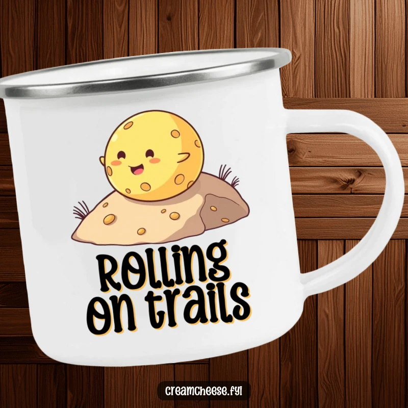 Funny camping mug featuring a delighted, chubby cheese ball rolling down a hill, designed for durability and humorous outdoor enjoyment.