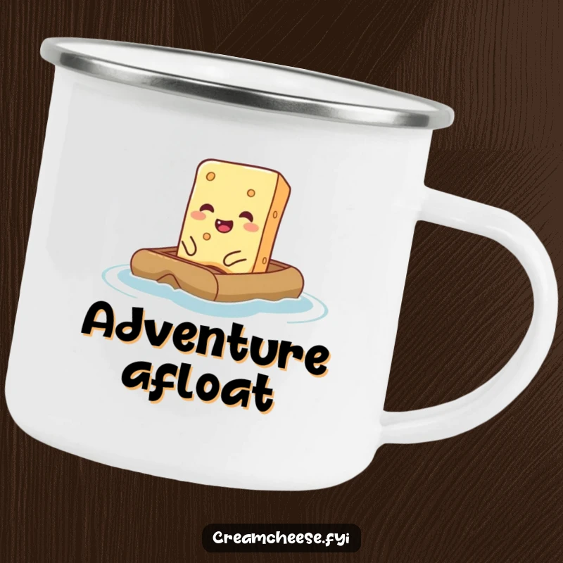 Funny Cream Cheese Camping Mug showing a giggling cream cheese bar on a tiny raft, perfect for outdoor foodies.