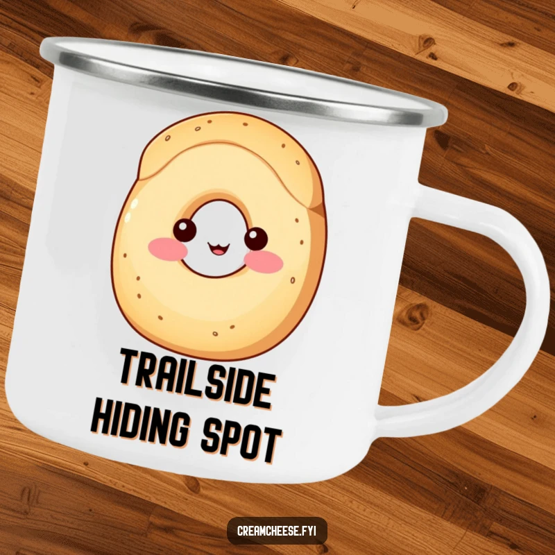 Funny Camping Mug: A shy wedge of cream cheese with rosy cheeks peeks from behind a bagel, perfect for enjoying drinks outdoors.