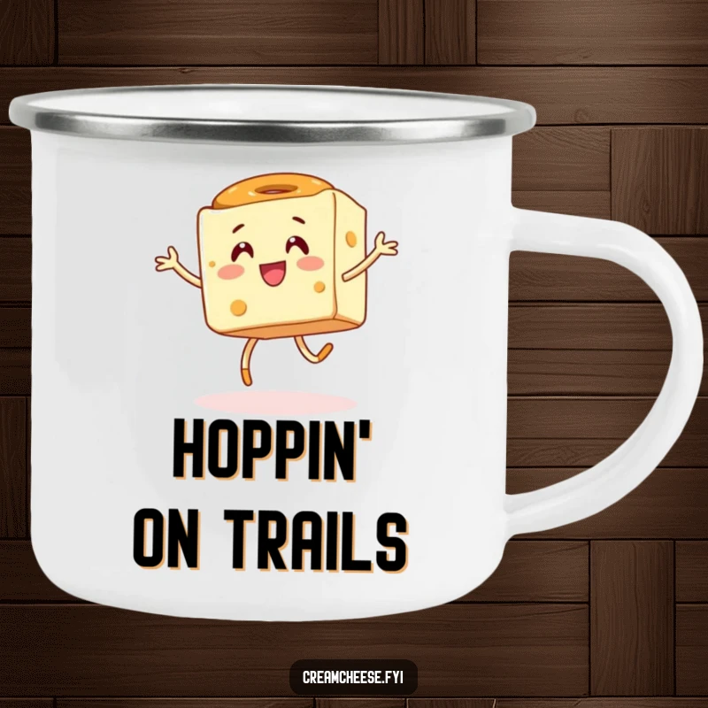 Funny camping mug with an energetic cream cheese cube hopping alongside a bagel, perfect for enjoying drinks outdoors with humor.