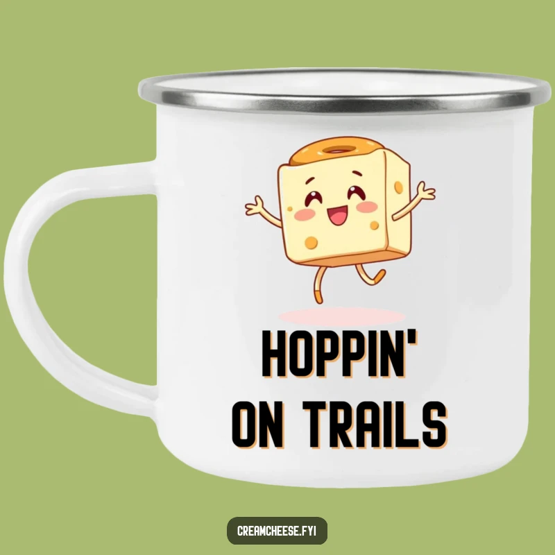 Funny Cream Cheese Hop Camping Mug: Energetic Cube & Bagel, Outdoor Hilarious Drinkware Gift