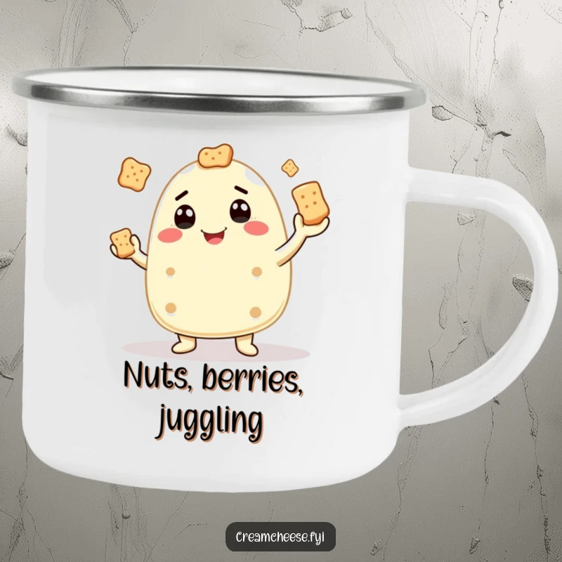 Funny camping mug with a cream cheese character juggling crackers, adding humor to outdoor excursions.
