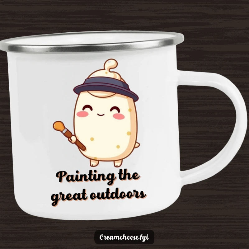 Funny cream cheese painter camping mug, a stylized character holding a tiny paintbrush, perfect for outdoor art inspiration.