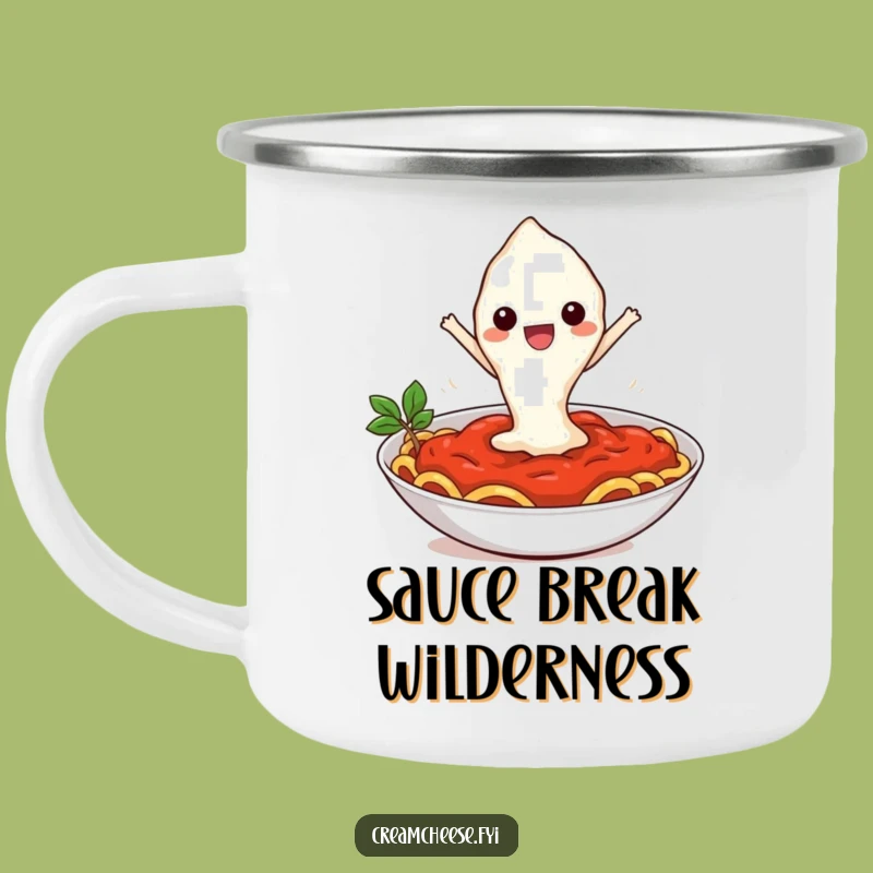 Funny Cream Cheese Pasta Leap Camping Mug: Outdoorsy Cartoon Fun