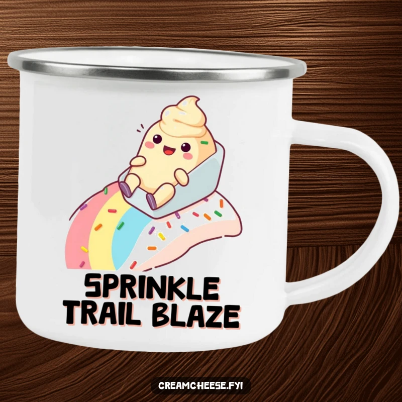 Funny cream cheese tub camping mug happily sliding down a rainbow sprinkle slope, durable and ready for a sweet ride.