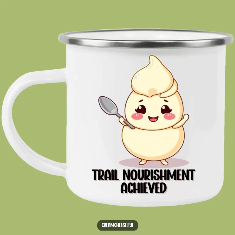 Funny Cream Cheese Swirl Camping Mug Cheerful Character Balancing Spoon