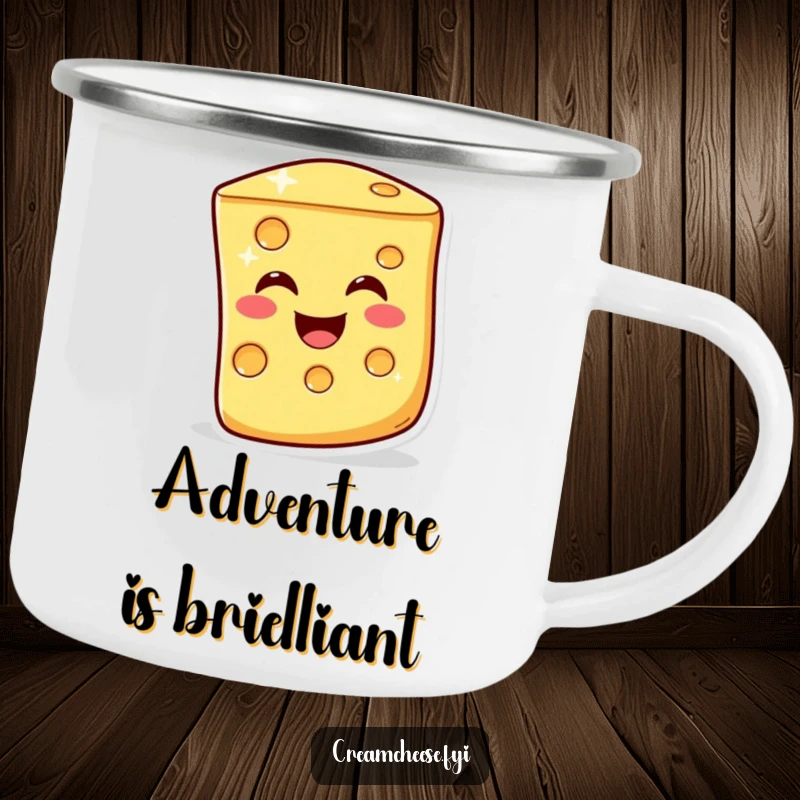 Funny Camping Mug: A happy cheese slice shares a warm, cheesy wink, ideal for enjoying drinks around the campfire.