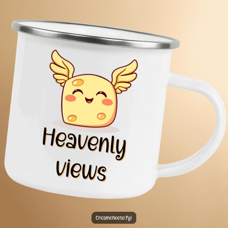 Funny flying cheese camping mug, showing a grinning cheese character with wings joyfully soaring, for adventurers.