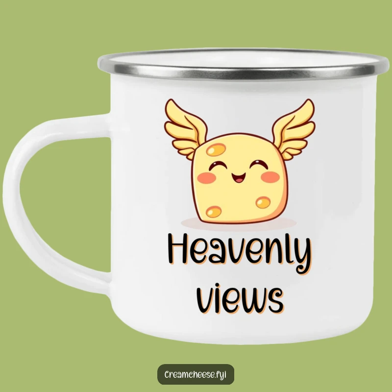 Funny Flying Cheese Camping Mug: Grinning Winged Outdoor Dreams