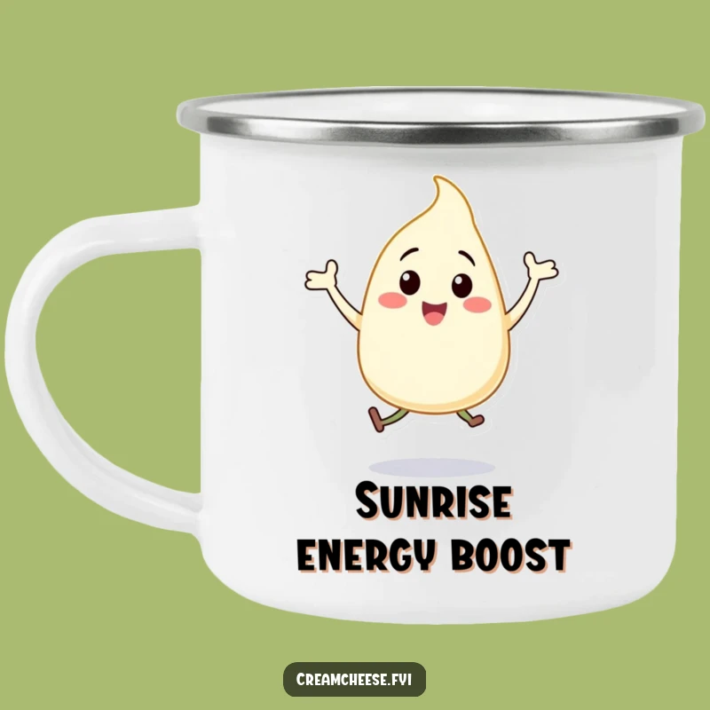 Funny Cream Cheese Dollop Camping Mug Happy Jumping Jacks Character